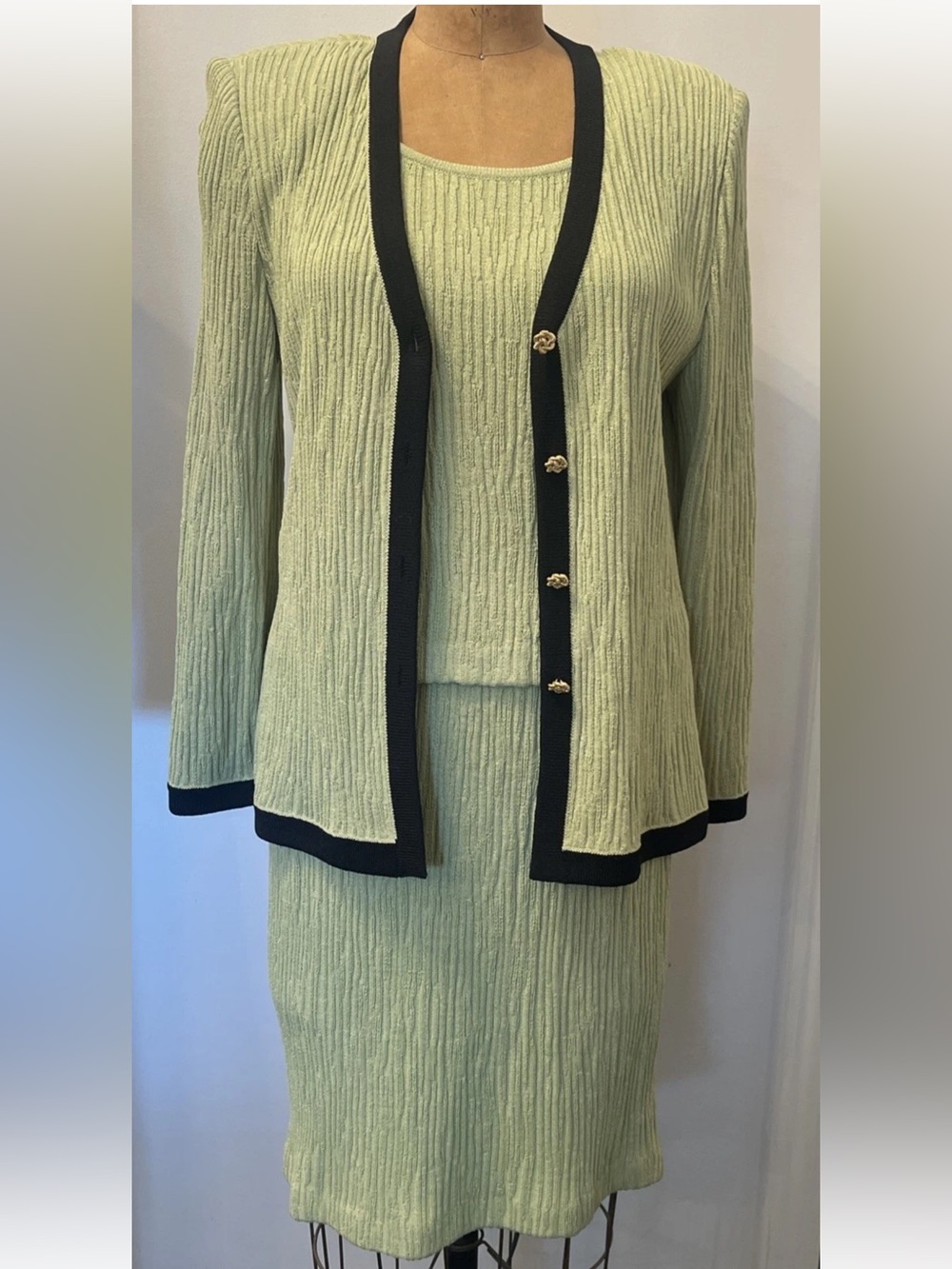 St. John Collection 3 Piece Knit Set Green Black Cardigan Cami Skirt 8-10 VTG